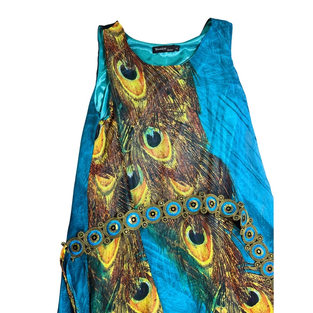 Wantdo Secret Peacockโ Print Maxi Dress Large Jeweled Belt Sleeveless Boho